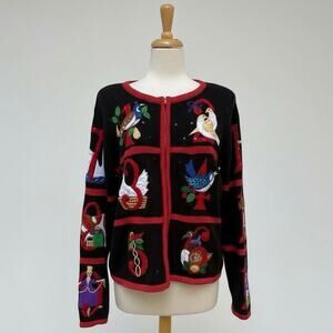 VTG Heirloom Collectables Christmas Sweater PXL Ramie Black Red 12 Days Full Zip